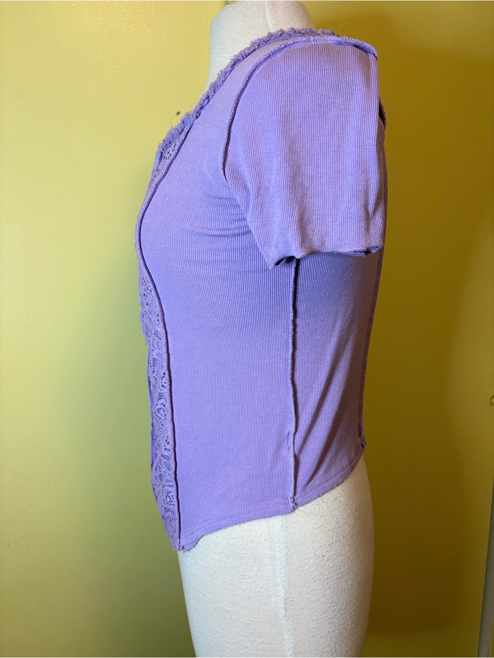 POL Lavender Lace-Front Short Sleeve Top. Super Stretch - Picture 2 of 10